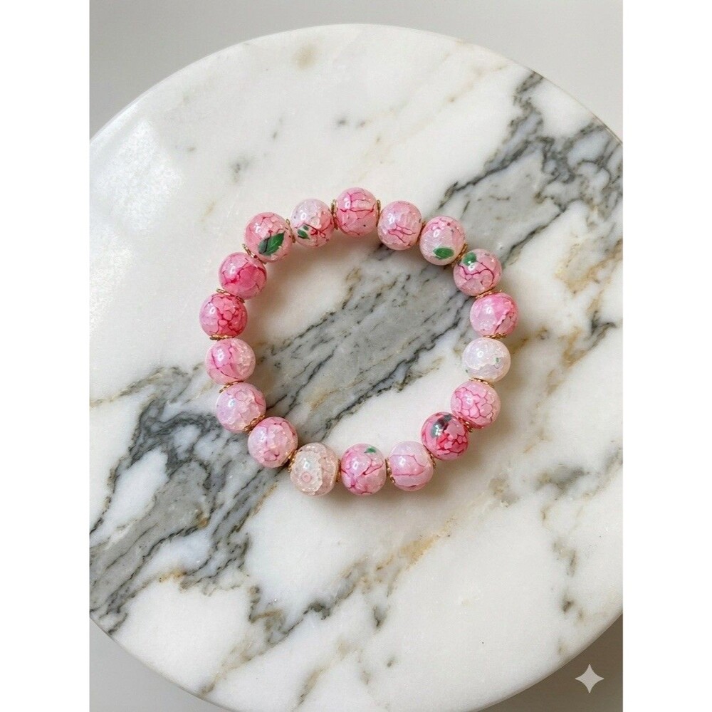 Pink White Beaded Stretch Stone Bracelet Round Less Than 8in